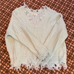 Miracle Mint V-Neck Distressed Sweater